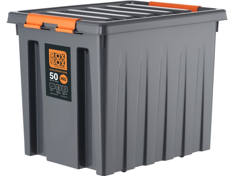 Контейнер особопрочный Rox Box PRO 50 (500х390х390 мм с крышкой и клипсами, на роликах, антрацит) купить в Североморске
